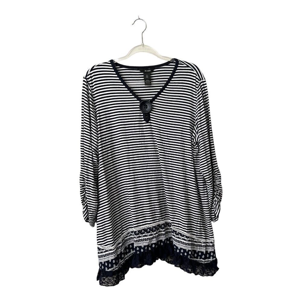Ali Miles Womens Top Size 1X Striped Jersey Tunic Shirt Laced Ruffle‎ Button